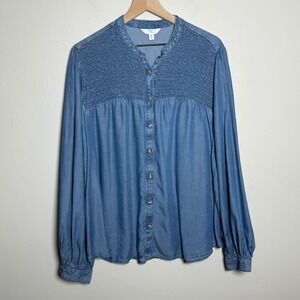 Time and Tru Womens Chambray‎ Top XXL Blue Popover Button Up Nautical Classic